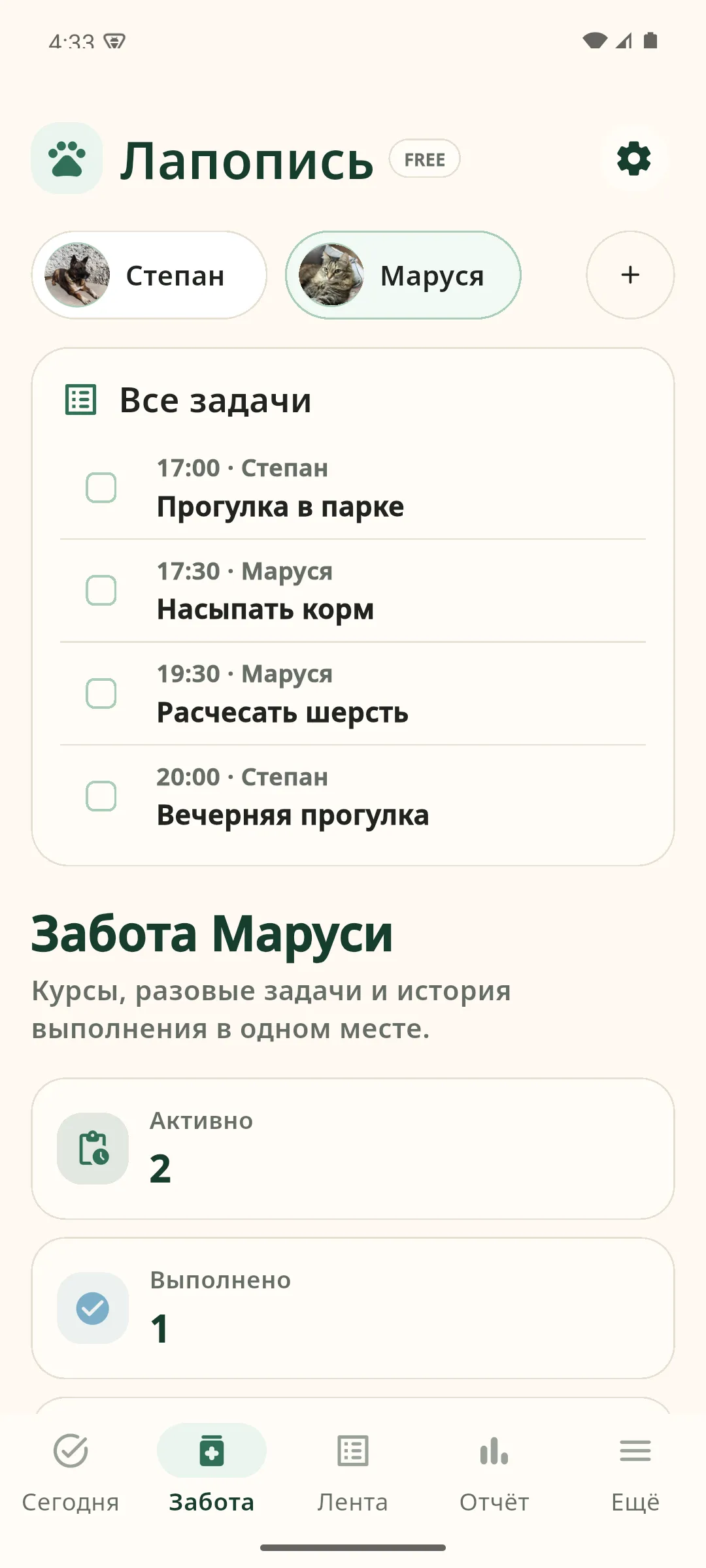 Актуальный экран Lapopis со списком задач и планом ухода за питомцами