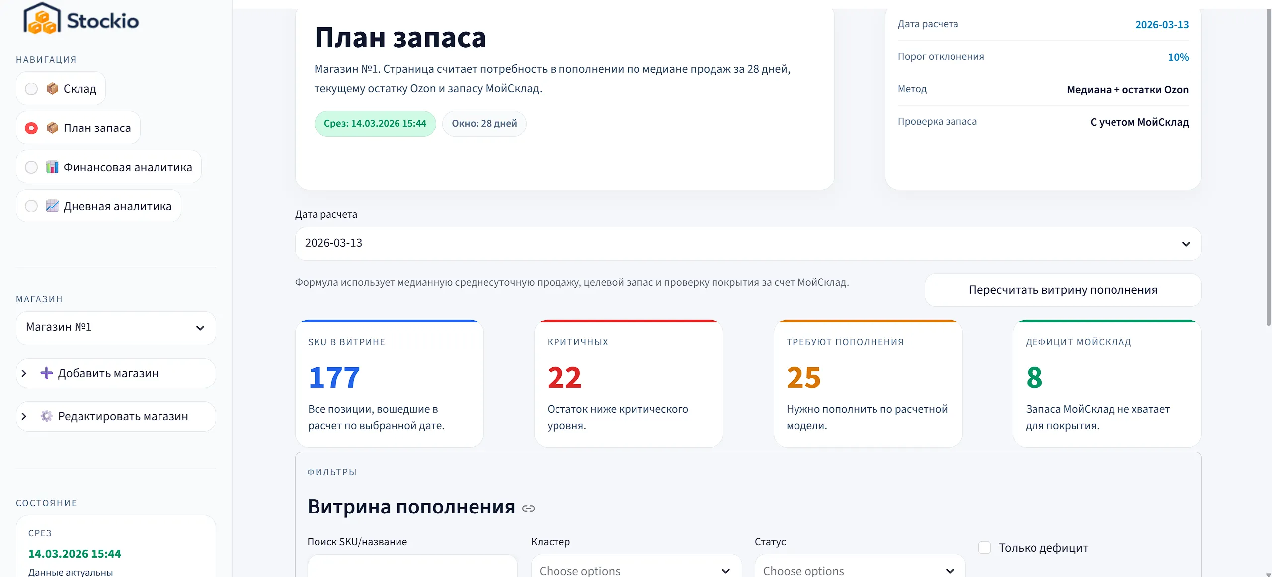План поставок Stockio и складские остатки